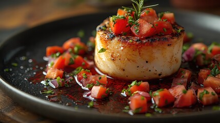 Gourmet Pan-Seared Scallop with Tomato Salsa - obrazy, fototapety, plakaty