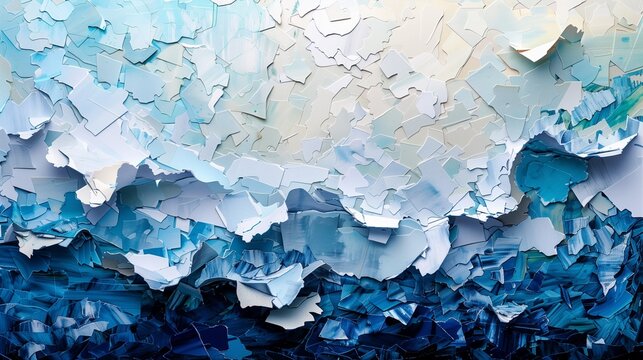 A collage of torn paper pieces offers a textured backdrop to a dynamic blue gradient wave, creating a visually engaging scene.