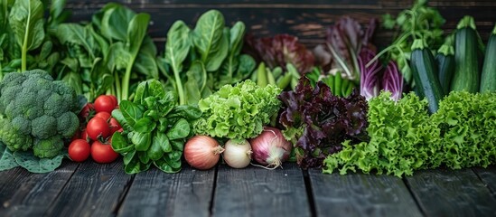 Variety of fresh vegetables on a wooden backdrop