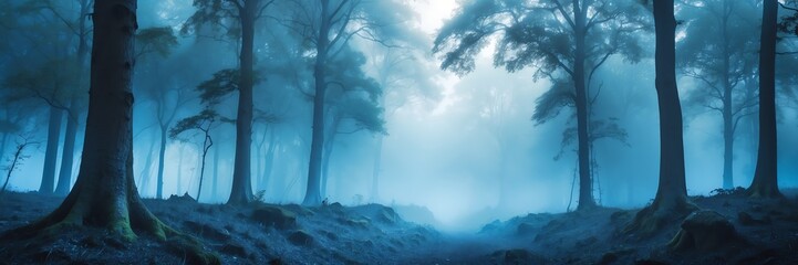 blue foggy fantasy forest landscape background from Generative AI