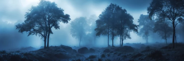 Zelfklevend Fotobehang dark blue foggy fantasy forest landscape background from Generative AI © SevenThreeSky