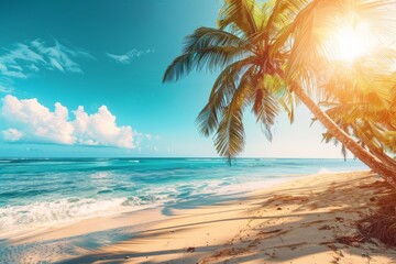 Fototapeta na wymiar Beach with palm trees and sea on a clear day