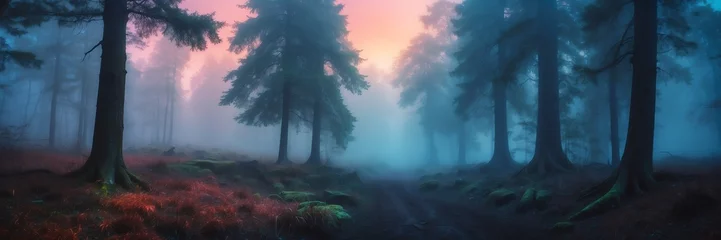 Foto op Aluminium dark foggy fantasy forest landscape background from Generative AI © SevenThreeSky