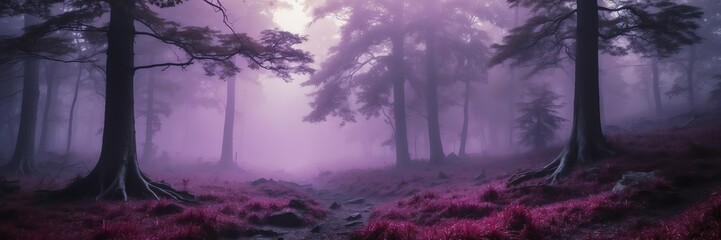 dark purple foggy fantasy forest landscape background from Generative AI