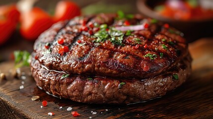Juicy Grilled Steak on Rustic Wooden Table - obrazy, fototapety, plakaty