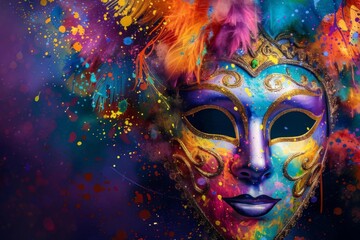 venetian carnival mask with colorful paint splashes masquerade party banner design mardi gras celebration - obrazy, fototapety, plakaty