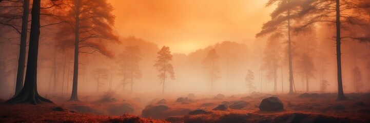 orange foggy fantasy forest landscape background from Generative AI