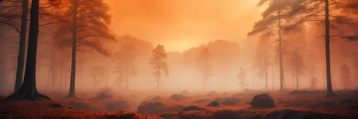 Zelfklevend Fotobehang orange foggy fantasy forest landscape background from Generative AI © SevenThreeSky