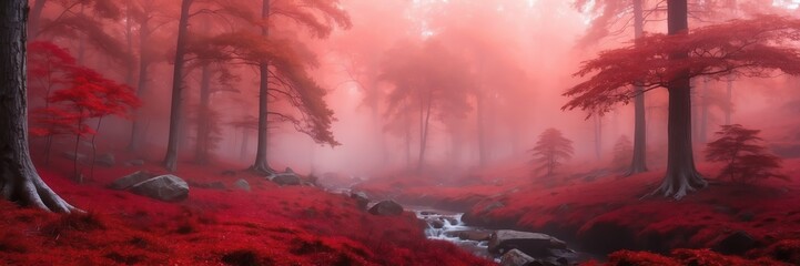 red foggy fantasy forest landscape background from Generative AI