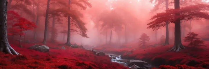 Abwaschbare Fototapete Rot  violett red foggy fantasy forest landscape background from Generative AI