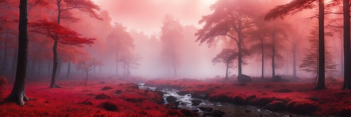 red foggy fantasy forest landscape background from Generative AI