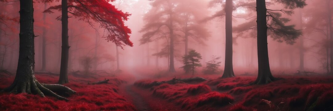 dark red foggy fantasy forest landscape background from Generative AI