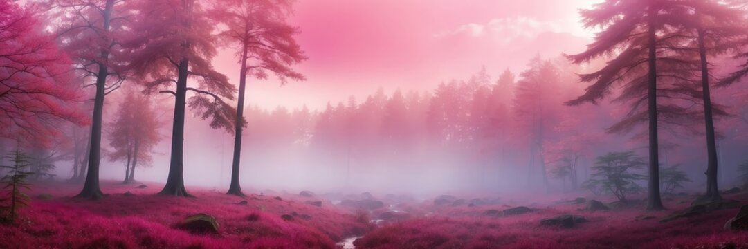 pink foggy fantasy forest landscape background from Generative AI