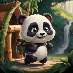 A bright and jovial cartoon panda is depicted, featuring a broad smile as it carries a backpack....