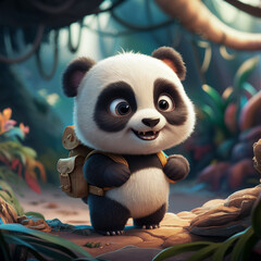 A cartoon panda showcasing a cheery demeanor stands tall in a richly dense forest. The panda is...