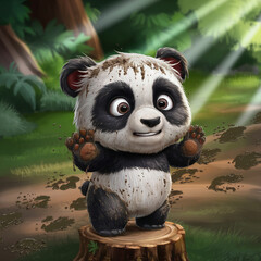 A delightful depiction of a cartoon panda. The panda is positioned standing on a tree stump surrounded by the verdant foliage of a forest. It is characterized by disproportionately large, express...