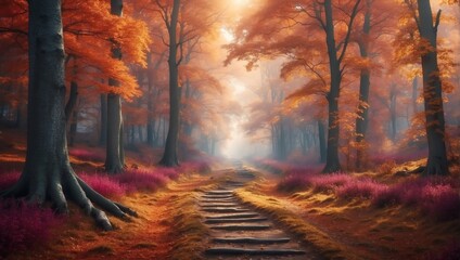 autumn theme fantasy forest landscape with pathway and dense trees background from Generative AI