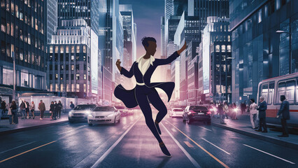 The image portrays a vibrant city scene at dusk where a woman is seen leaping joyously across the street. High-rise buildings brightly lit serve as her backdrop, surrounded by dynamic traffic mov... - obrazy, fototapety, plakaty