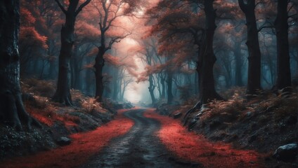 black theme fantasy forest landscape with pathway and dense trees background from Generative AI - obrazy, fototapety, plakaty