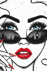 An illustration depicts a woman's face with distinguishing features such as large blue eyes and vivid red lips. She is wearing sunglasses that interestingly mirror the famous London skyline which... - obrazy, fototapety, plakaty
