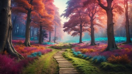 colorful theme fantasy forest landscape with pathway and dense trees background from Generative AI