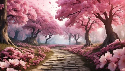 Wandcirkels aluminium cherry blossoms theme fantasy forest landscape with pathway and dense trees background from Generative AI © SevenThreeSky