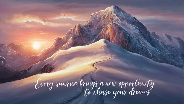 An inspirational painting depicts a sunrise over a snow-covered mountain range. The sun's glow illuminates the peaks while a pathway leads your gaze into the distance. A motivational quote adorns...