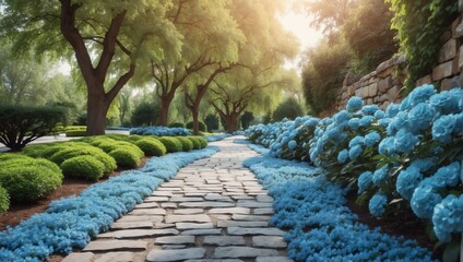 light blue flowers trees and bushes landscaping in park with alley stone walkway path from Generative AI