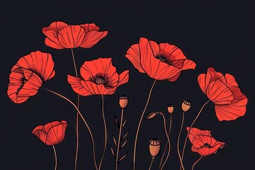 vibrant red poppies on black background minimalist floral remembrance symbol vector illustration