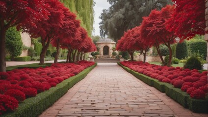 burgundy red flowers trees and bushes landscaping in park with alley stone walkway path from Generative AI