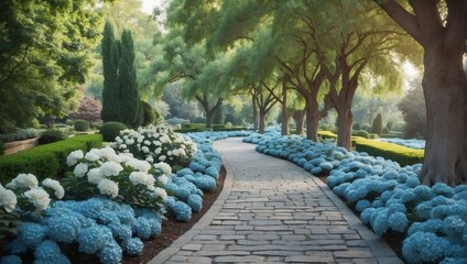 light blue flowers trees and bushes landscaping in park with alley stone walkway path from Generative AI