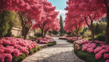 pink flowers trees and bushes landscaping in park with alley stone walkway path from Generative AI