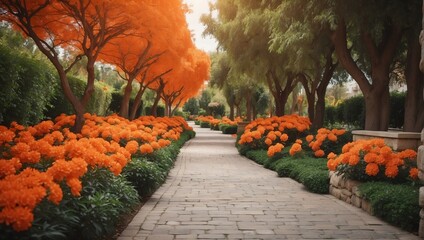 orange flowers trees and bushes landscaping in park with alley stone walkway path from Generative AI