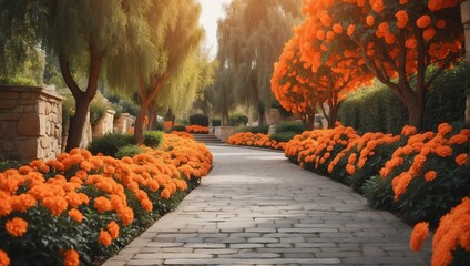 orange flowers trees and bushes landscaping in park with alley stone walkway path from Generative AI
