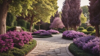 purple flowers trees and bushes landscaping in park with alley stone walkway path from Generative AI