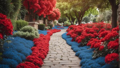 red and blue flowers trees and bushes landscaping in park with alley stone walkway path from Generative AI