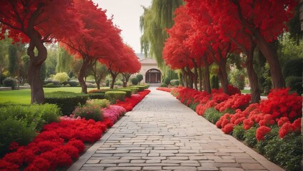 red flowers trees and bushes landscaping in park with alley stone walkway path from Generative AI