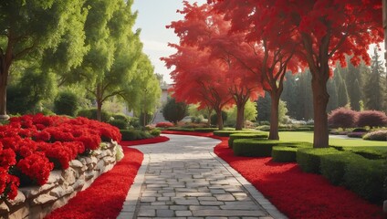 red flowers trees and bushes landscaping in park with alley stone walkway path from Generative AI