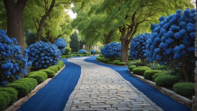 royal blue flowers trees and bushes landscaping in park with alley stone walkway path from Generative AI