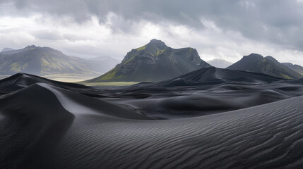 Desolate black desert landscape with mountains in the background under a cloudy sky