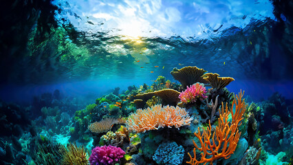 Underwater scene with diverse corals and marine life, bathed in sunlight
