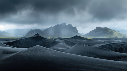 Desolate black desert landscape with mountains in the background under a cloudy sky - obrazy, fototapety, plakaty