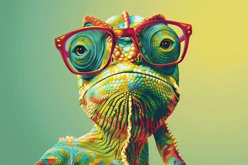 wise chameleon with vibrant glasses sincere expression vector illustration