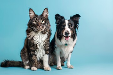 Naklejka na ściany i meble tabby cat and border collie dog in front of a blue gradient background - generative ai