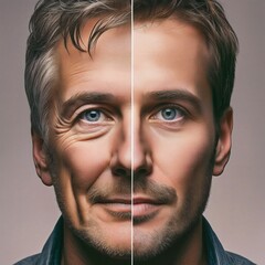 Two halves of a face with an old and a young half. Comparing old and young. Anti-aging. Life extension. Biological clock. Reversal of aging. Biological immortality. Anti-ageing. Generative AI