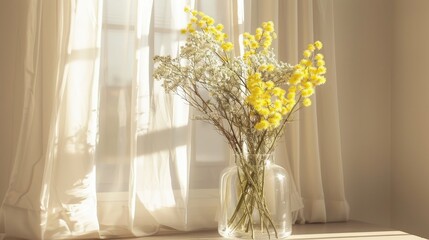 A striking photo capturing the beauty of Acacia dealbata also known as silver wattle or yellow mimosa adorned with delicate white gypsophila in a glass vase against a backdrop of a white ho