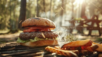 Delight in a juicy hamburger while basking in the great outdoors during your camping adventure