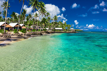 Tropical beach with with coconut palm trees and villas on Samoa - obrazy, fototapety, plakaty