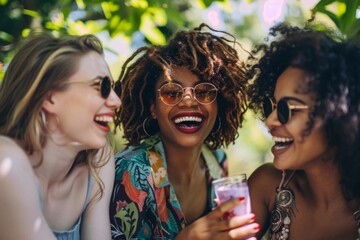 women friends enjoying outdoors talking laughing together happy friendship lifestyle moments - obrazy, fototapety, plakaty