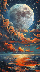A painting of a moon and clouds over a body of water